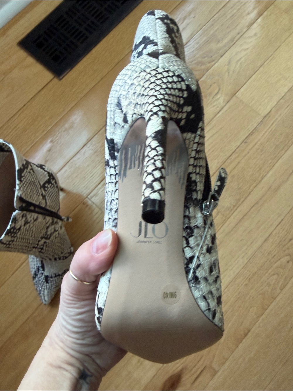 Jennifer Lopez Ivory and Black Snake-Print Stiletto Pumps